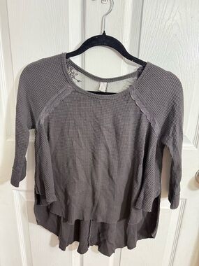 Free People Charcoal Waffle Knit Long Sleeve Top with Lace Trim